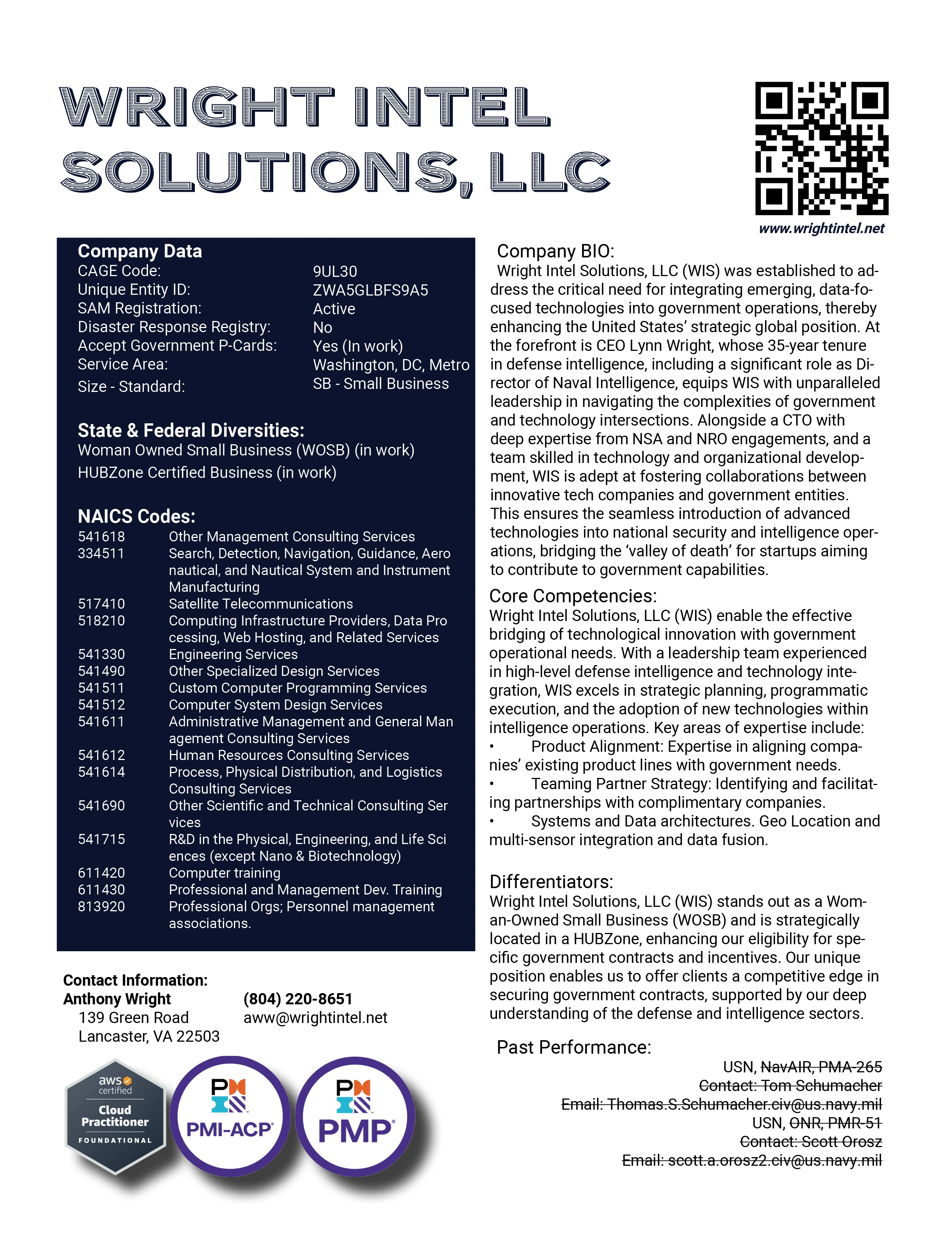 Wright Intel Solutions, LLC (WIS) stands out as a Woman-Owned Small Business (WOSB) and is strategically located in a HUBZone, enhancing our eligibility for specific government contracts and incentives. Our unique position enables us to offer clients a competitive edge in securing government contracts, supported by our deep understanding of the defense and intelligence sectors.